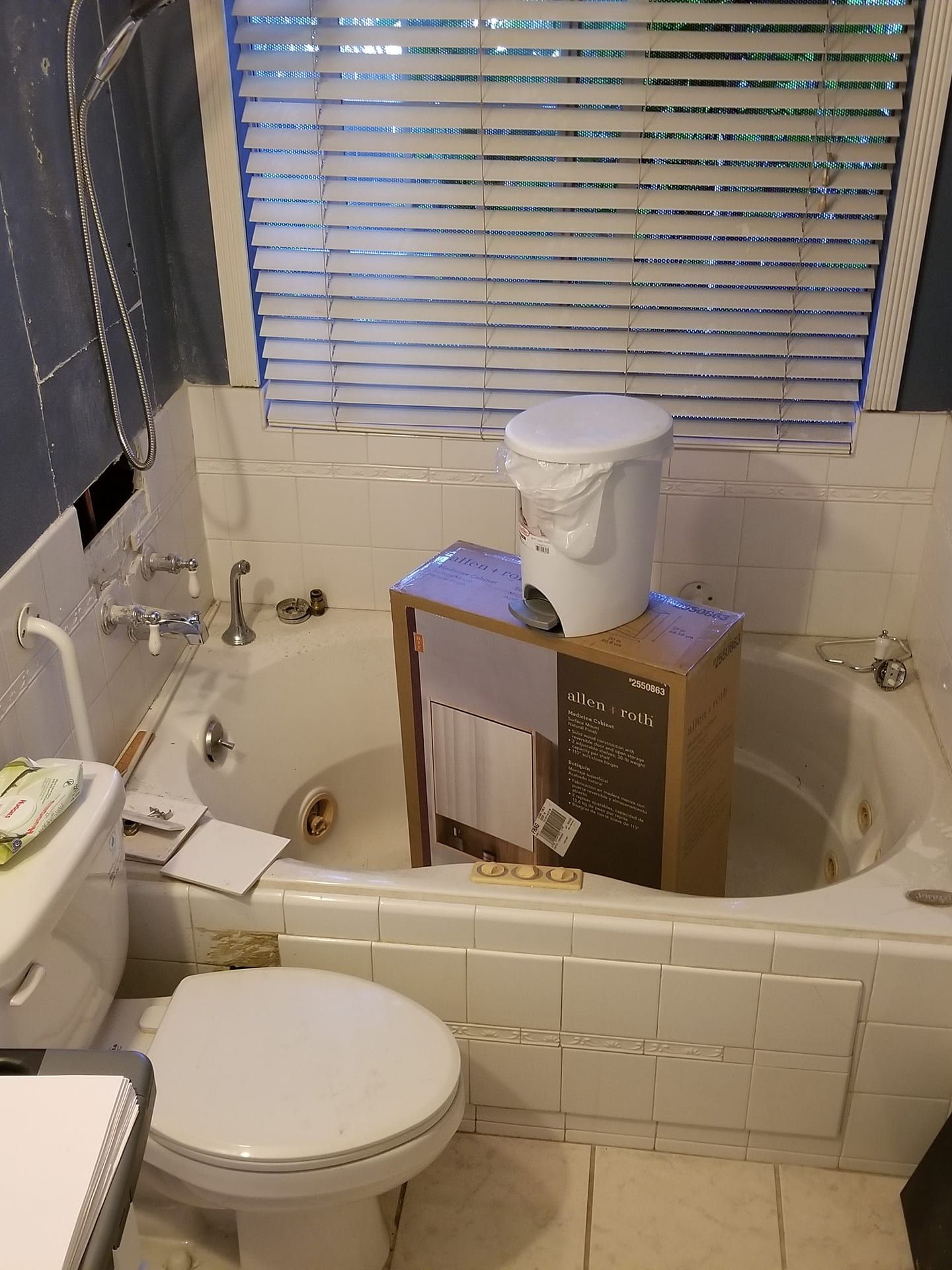 Before: Bathroom under renovation with box on tub and toilet